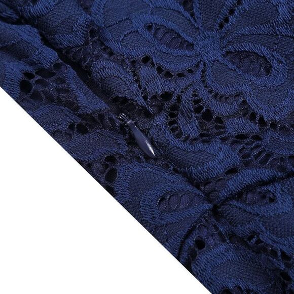 Off Shoulder Lace Retro Pinup Vintage 1950s Long Sleeves Swing Navy Dress L NWT - Picture 8 of 13